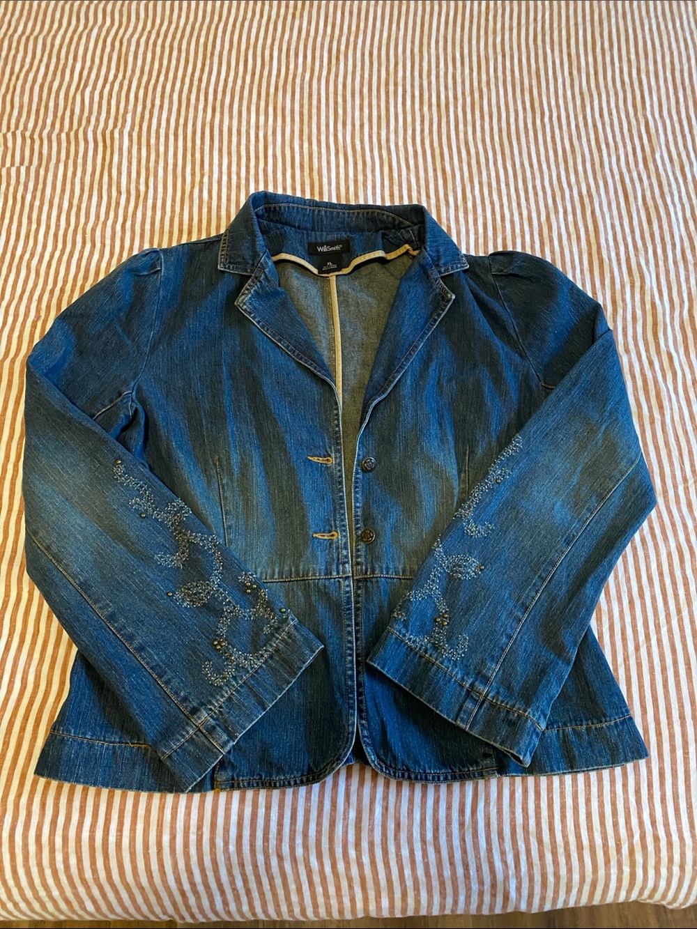 Worthington Dark Blue Denim Blazer Jacket with Embroidered Sleeves